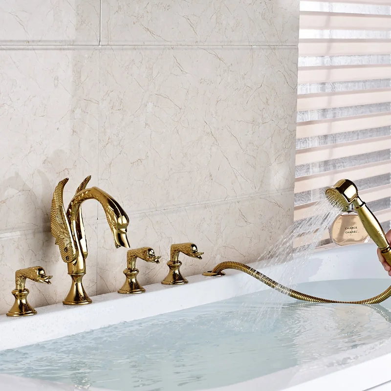 Golden Swan Style Brass Golden Bathtub Tub Faucet Deck Mounted Hot and Cold Water Bath Shower Mixer Taps