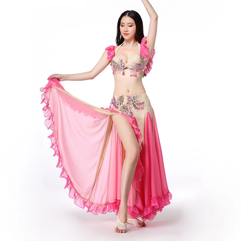 2019 Top Grade Phụ Nữ Dancewear Belly Quần Áo Nhảy Múa Phương Đông Nhảy Đính Cườm Trang Phục với Tay Áo Trang Phục Múa Bụng Đặt Áo Ngực Váy