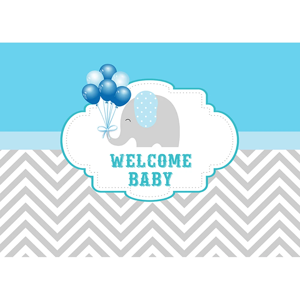 Funnytree photography theme background elephant blue ballon grey white chevron cute welcome baby photo printed new arrivals