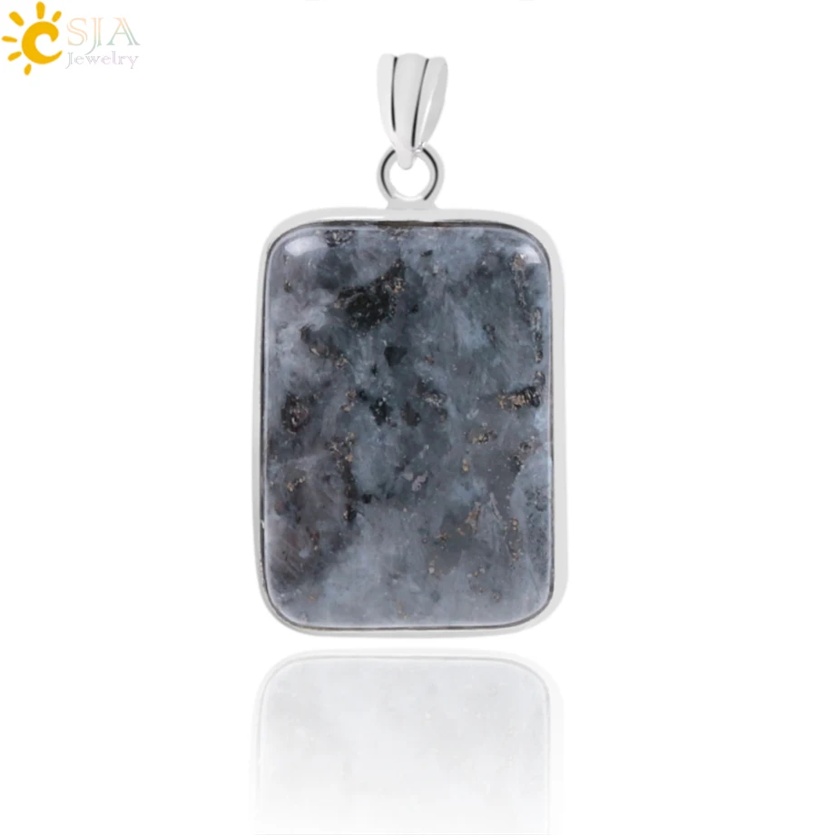 CSJA Rectangle Natural Gem Stone Necklaces Pendants for Mens Reiki Healing Spectrolite Labradorite Black Onyx Bead Jewelry F050