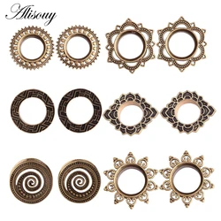 Alisouy 1Pair Vintage Antique Brass Ear Flesh Tunnel Heart Hollow Love Flower Double Flare Ear Plug Gauge Piercing Body Jewelry