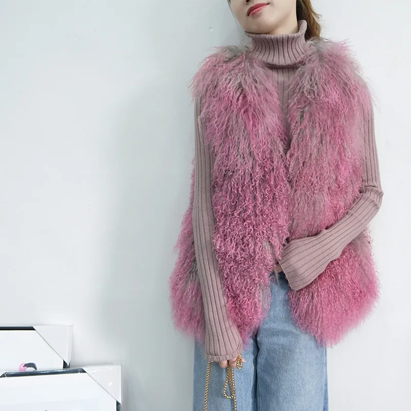 

New winter women's Real Beach wool fur vest long female wild mongolia sheep fur waistcoat
