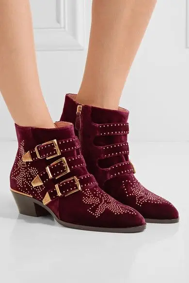 Newest Burgundy Velvet Women Ankle Boots Fashion Studded Flowers Ladies Buckle Boots Sexy Point Toe Female Knight Boots Med Heel