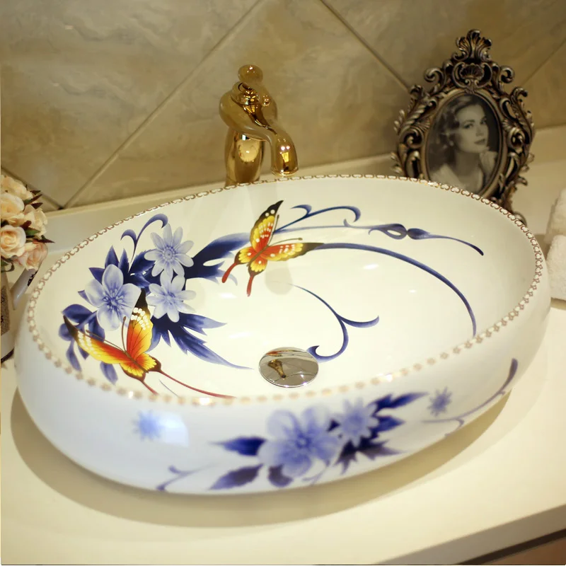 

Oval Bathroom Cloakroom Europe Art wash basin Ceramic vessel Lavabo Counter Top Wash Basin Bathroom Sinks chinese sink 