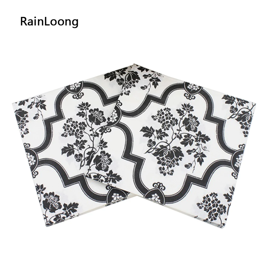 [RainLoong] زهرة المطبوعة ورقة منديل أسود الأزهار خمر الأنسجة Guardanapo Servilleta 33*33 سنتيمتر 1 حزمة (20 قطعة/الحزمة)