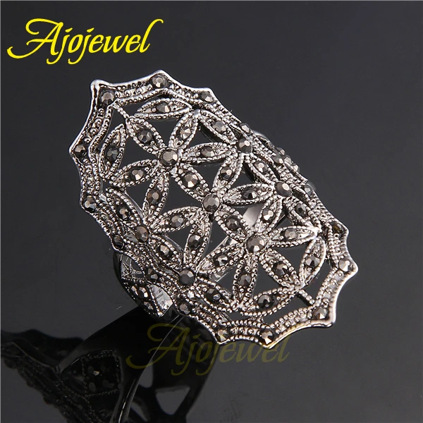 Ajojewel Bijoux Anel De Formatura Fashion Hollow Out Snowflake Black Crystal Big Rings For Women