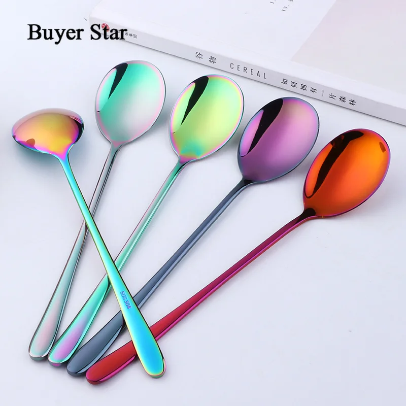 Buyer Star Colorful Coffee Spoon 304 Stainless Steel Long Handle 5 Color Korean Mixing Spoons Set Dessert Long Ice Kitchen Scoop