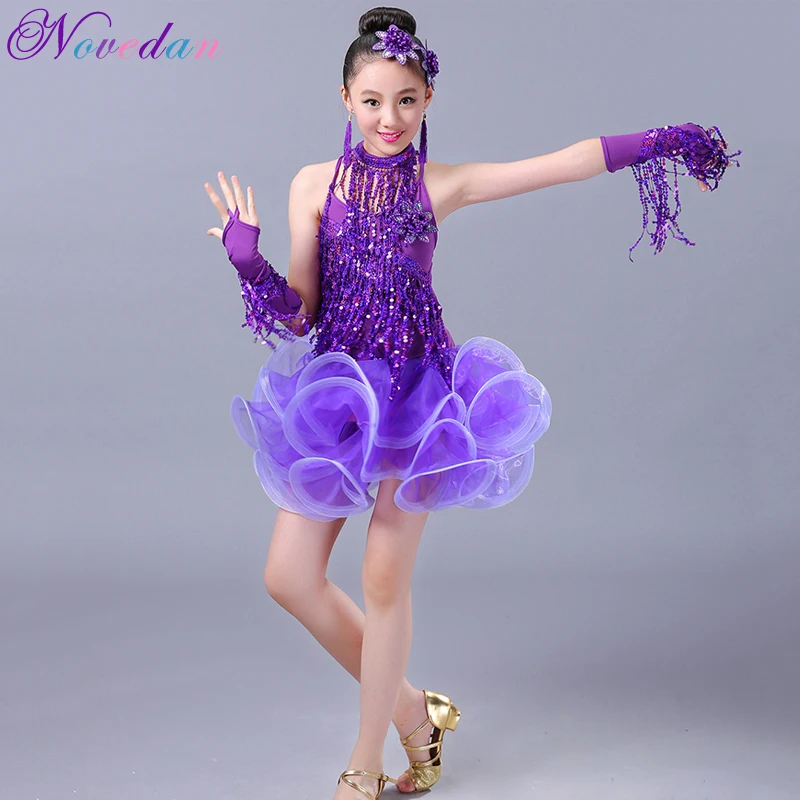 Vestido de dança latina com franja lantejoula para meninas, saias de competição, vestidos de dança, fantasias infantis, salsa, crianças