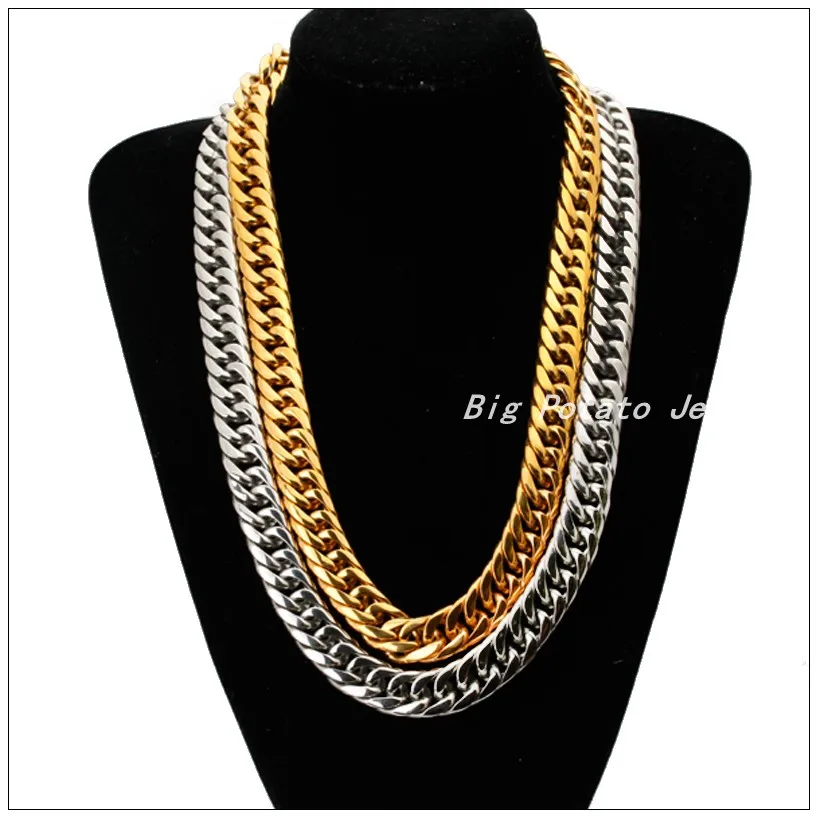 16mm Width 7-40inch Silver&Gold Color 316L Stainless Steel Boy Curb Cuban Chain Necklace Heavy Jewelry