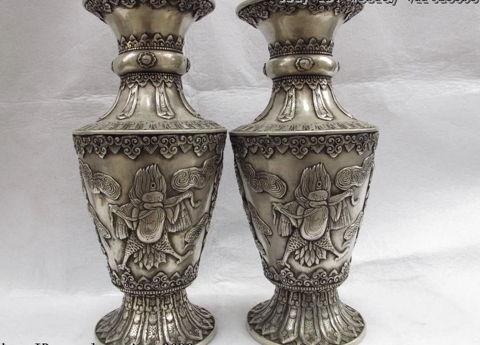 12 Chinese Folk White Copper Silver Garuda Dragon Buddha Bottle Pot Vase Pair