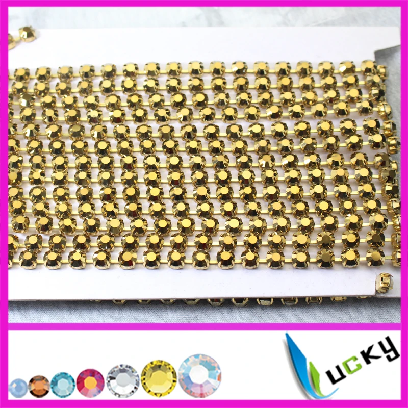 New Design! 5yards SS38 8mm raw brass rhinestone cup chain link with metallic gold crystal stones