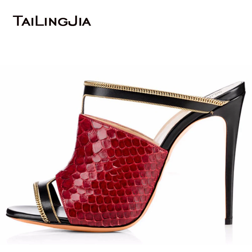 

Women Sexy Peep Toe Mules Red Python Pattern High Heel Sandals Black Dress Shoes Ladies Summer Stilettos with Chain Big Size