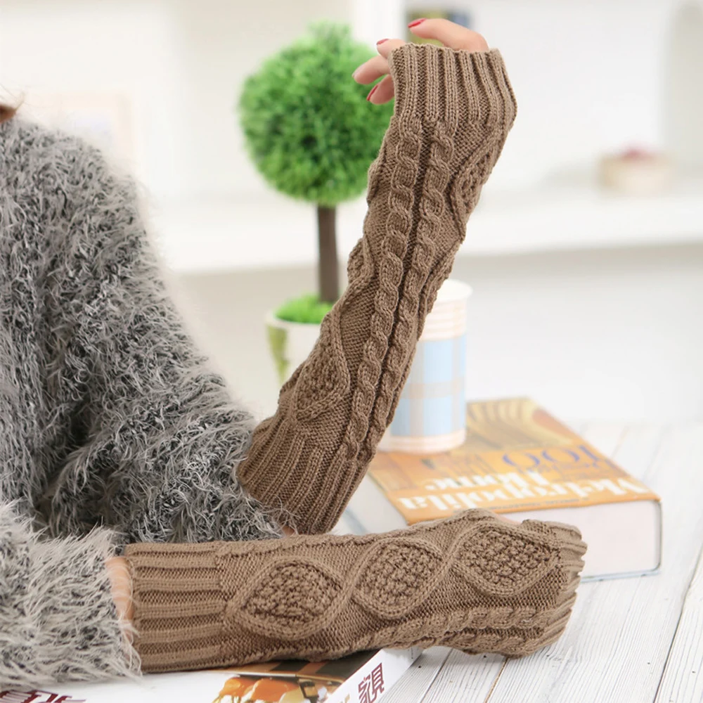 Fashion Solid Winter Gloves Women Fingerless Long Hand Arm Wool Crochet knitted Gloves For Women Ladies Warm Mittens Gants Femme