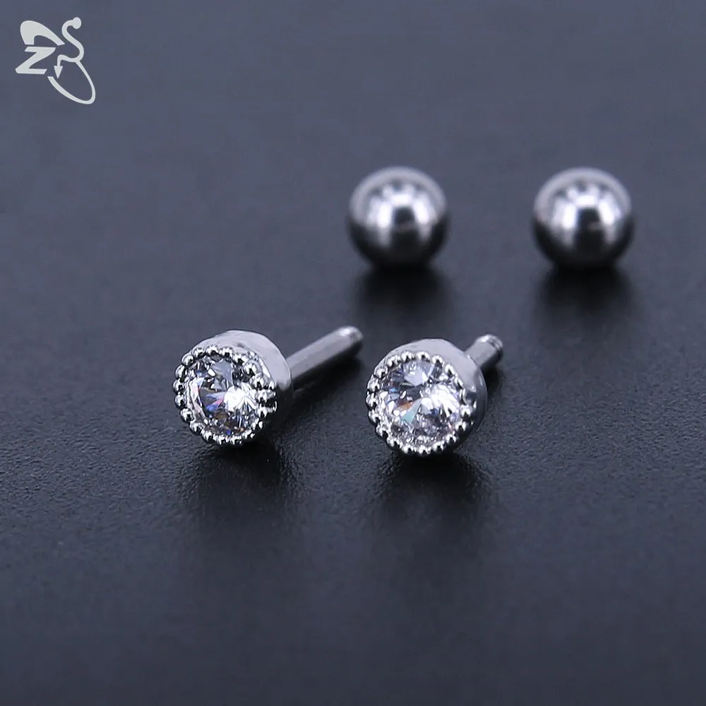 Round Tiny Earrings Crystals Gems Simple Style Ear Stud Stainless Steel Pierced Tragus Cartilage Earring For Women Accessories