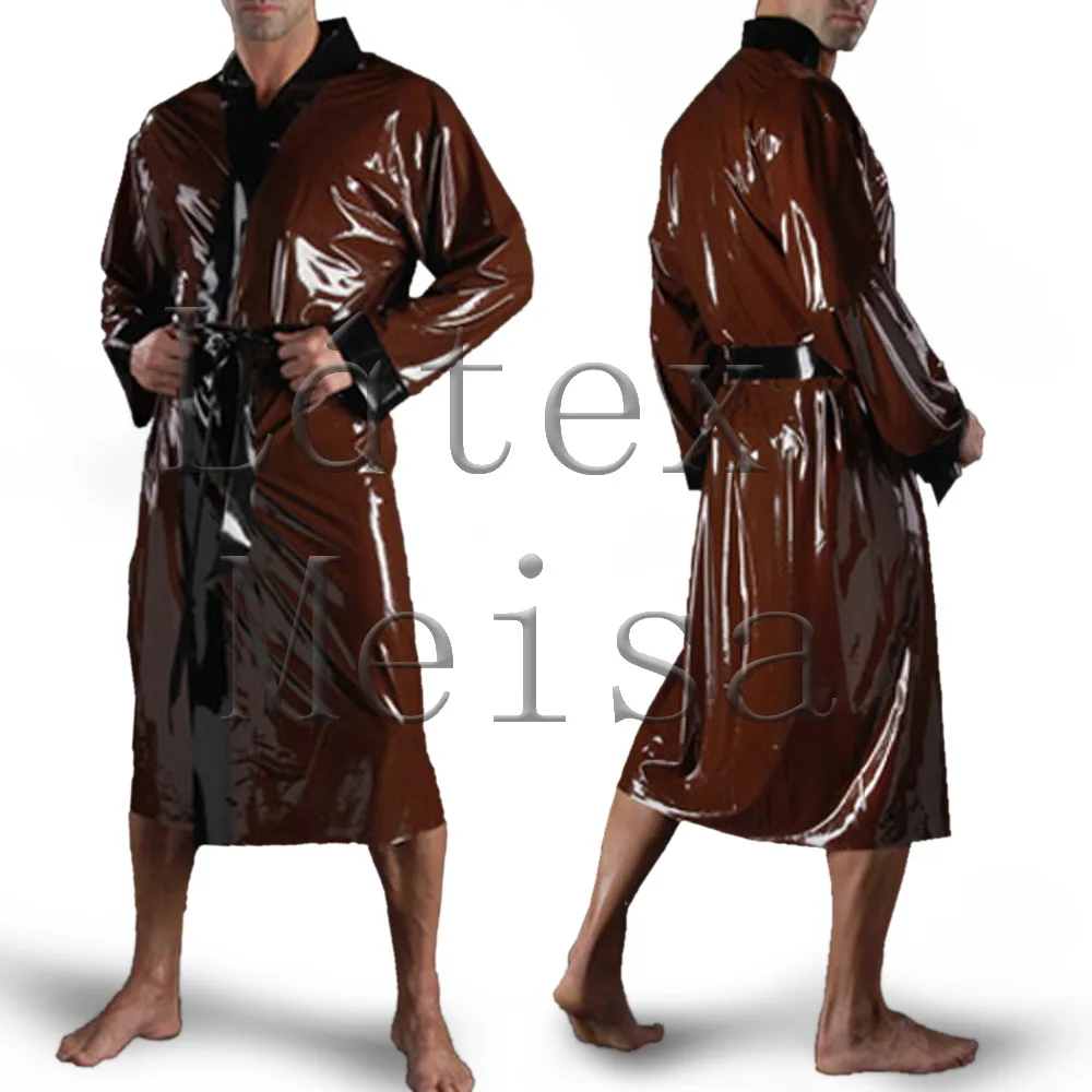 Casual latex bathrobe long sleeve bathing suit in brown color with front belt decoration for men