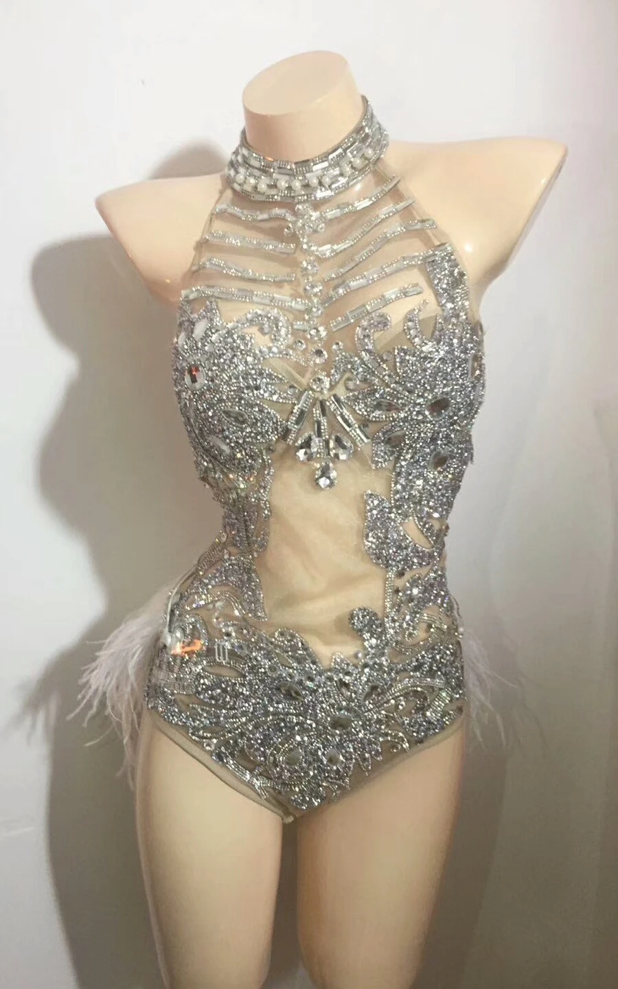 Silver Rhinestones White Feathers Bodysuit Sexy Perspective Crystals Jumpsuit Nightclub Female Clothing DJ Singer Dance Costumes