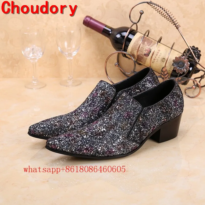 Choudory Korean style Men shoes luxury brand high heels velvet slippers pointed toe glitter loafers oxford business mens shoes