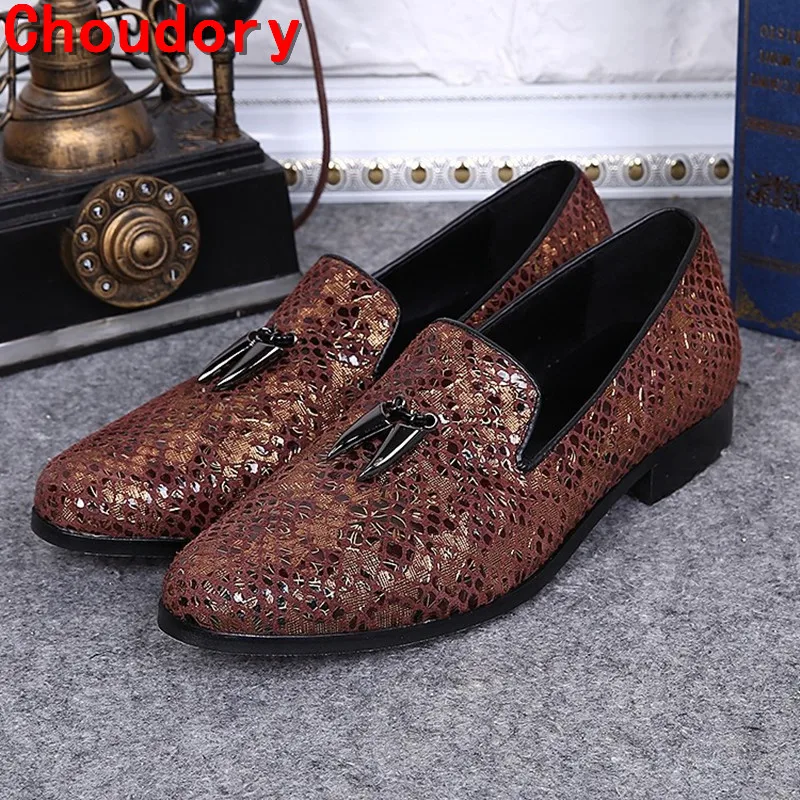 Choudory Designer Shoes Men Party Dresses Luxury Shoes Men Glitter Loafers Western Style Brown Gray Alligator Shoes Mens