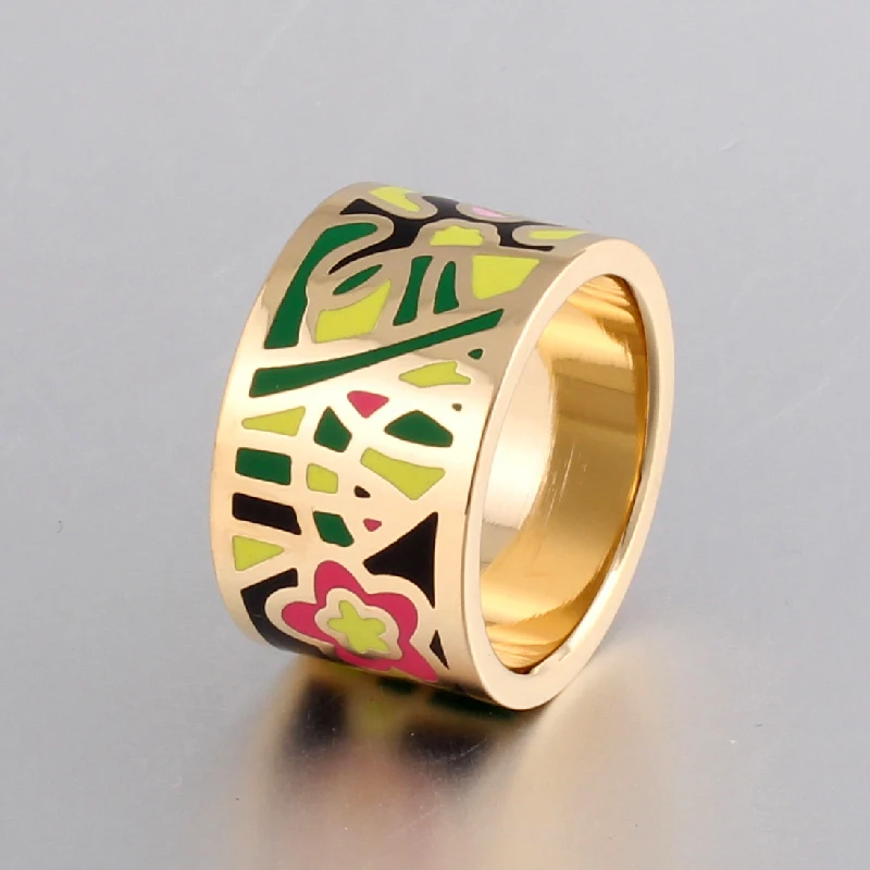 Promotions Hurry Flower Enamel Ring Gold-color Enamel Geometric Patterns Ring 1.3CM Big Rings for Women Ethnic jewelry