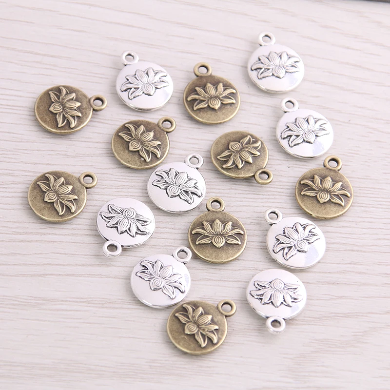 14pcs 13*16mm Metal Alloy Two Color Round Lotus Charms Plant Pendants For Jewelry Making DIY Handmade Craft