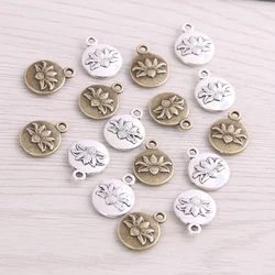 14pcs 13*16mm Metal Alloy Two Color Round Lotus Charms Plant Pendants For Jewelry Making DIY Handmade Craft