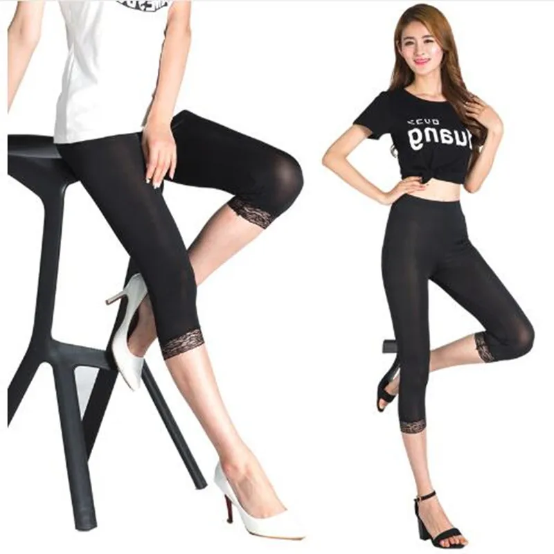 Women Elastic Lace Leggings Summer thin three quarter Pants bodycon jeggings big size Cropped Short Trousers Black White