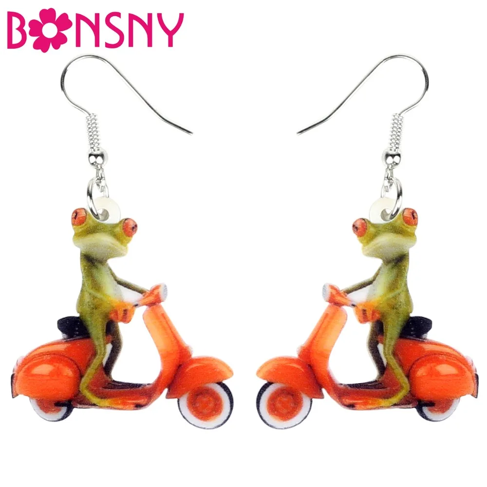 Bonsny Acrylic Fashion Electromobile Frog Earrings Drop Dangle Novelty Animal Jewelry For Women Girls Teens Kid Gift Accessories