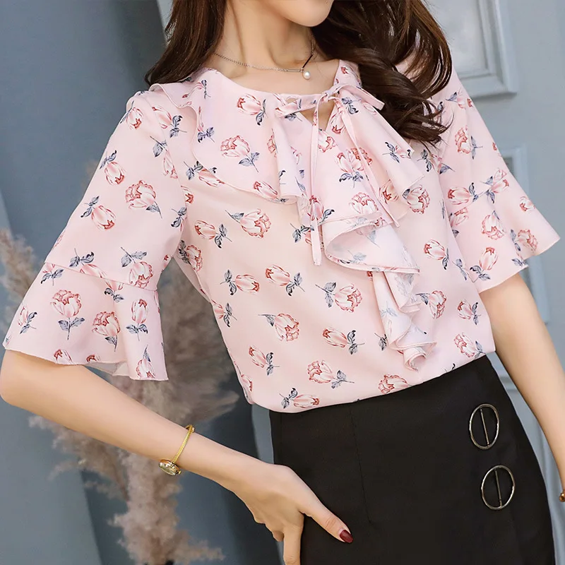 Summer Chiffon Shirt Women Fashionable Flare Half Sleeve Bowknot Blouse Office Ladies Print New Korean Leisure Top Clothes H9064