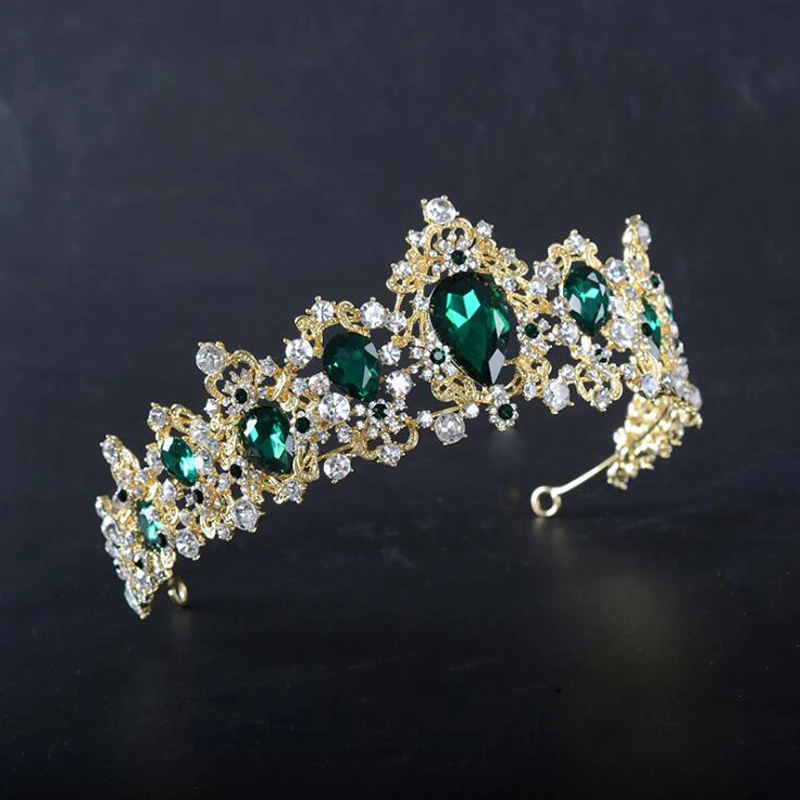 KMVEXO Baroque Red Green Crown Crystal Bridal Tiara Vintage Gold Color Hair Accessories Wedding Rhinestone Diadem Pageant Crowns