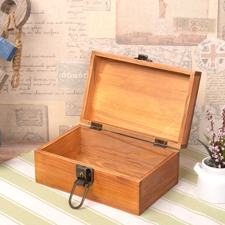 Zakka Vintage Solid Wood Box with Lock Jewelry Secret Diary Letters Storage Box Desktop Organization