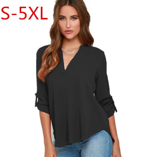 S-5XL Europe and The United States Women's V-neck Long Sleeve Wrinkle Sleeve Loose Chiffon Shirt