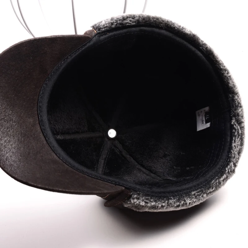 RY9100 Male Winter Genuine Leahter Suede Bomber Hat Man Nubuck Thick Head Warm Dome Caps Elder Black/Brown sewing Fitted Gorras