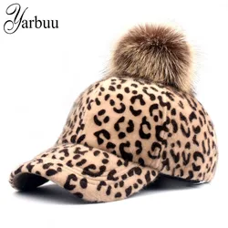 Yarbuu-boné de beisebol feminino 2018, boné de inverno com pompom de pele falsa, chapéu casual com estampa de leopardo