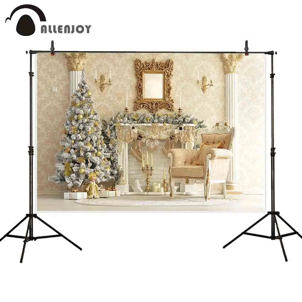 Allenjoy photography backdrop gold christmas tree luxury room fireplace damask background photocall photo shoot props decor