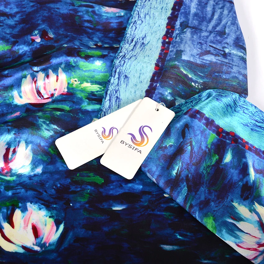 [BYSIFA] Women Silk Scarf Shawl Fall Winter Blue Neck Scarves New Oil Painting Lotus Pond Design 100% Silk Square Scarves88*88cm