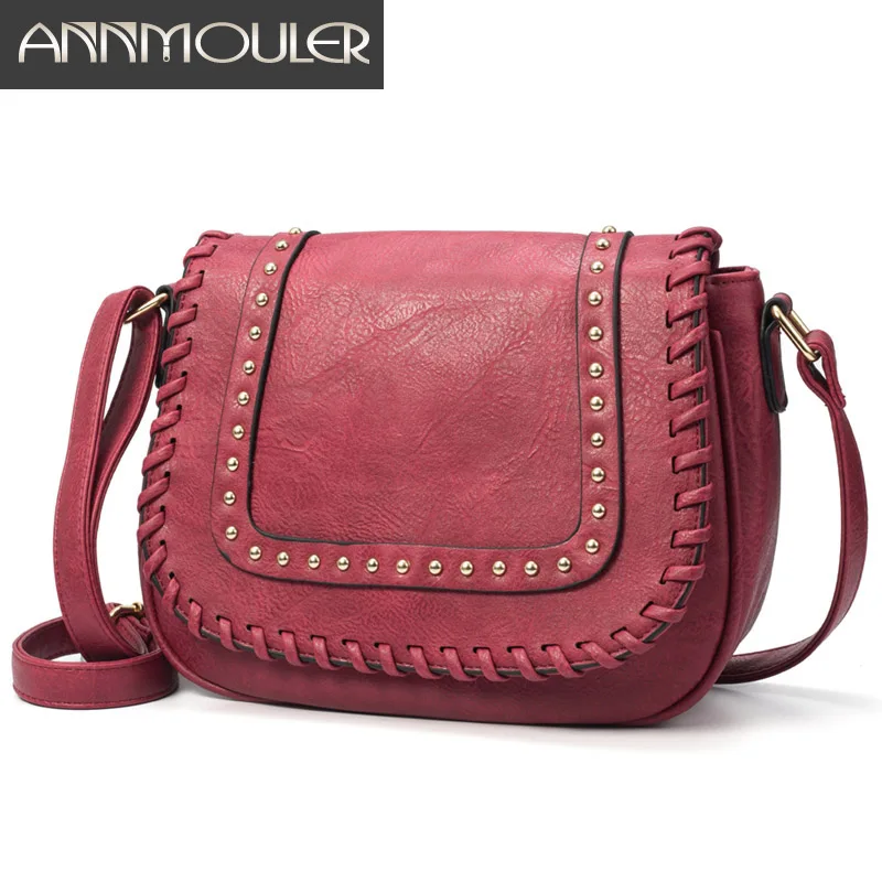 

Annmouler New Design Women Crossbody Bag Wine Shoulder Bag PU Leather Messenger Bag Rivet Clutch Purse Solid Color Small Bag