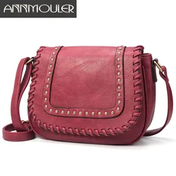 Annmouler New Design Women Crossbody Bag Wine Shoulder Bag PU Leather Messenger Bag Rivet Clutch Purse Solid Color Small Bag