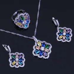 Flower Multigem Multicolor Yellow Cubic Zirconia Silver Plated Jewelry Sets Earrings Pendant Chain Ring V0289