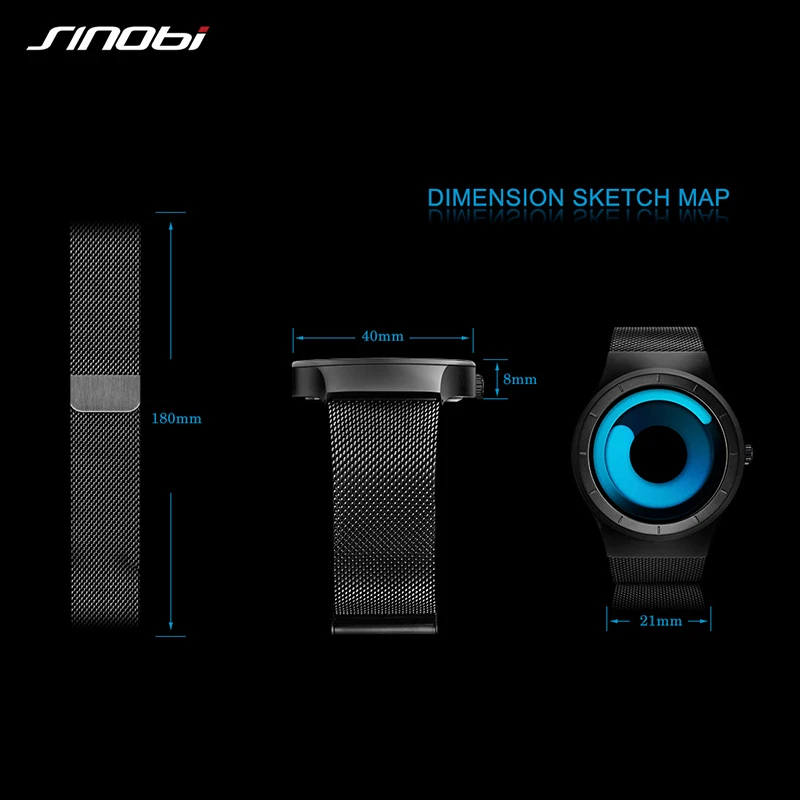 SINOBI Top Brand Men Watches Stainless Steel Mesh Strap Sports Watches Fashion Creative Quartz Wristwatches Relogio Masculino