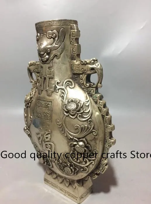 Collect archaize white copper double ear dragon head vase craft statue