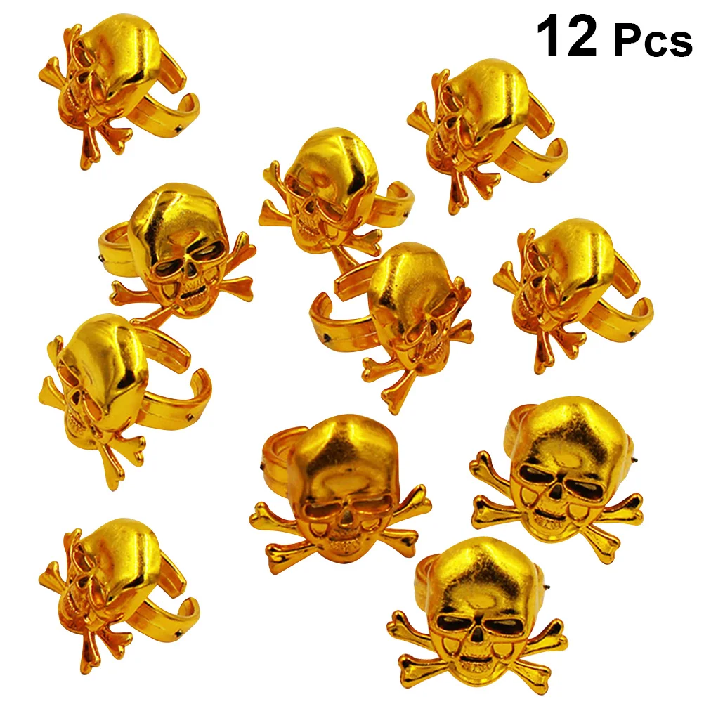 12 Pcs Pirate Rings Kids Pirate Decorative Rings Skull Golden Rings Halloween Party Kids Performance Props (Golden)