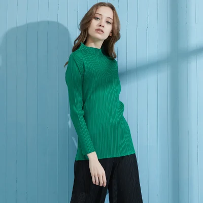 

HOT SELLING Miyake fashion fold long-sleeved new sexy T-shirt solid slash neck T-shirt IN STOCK