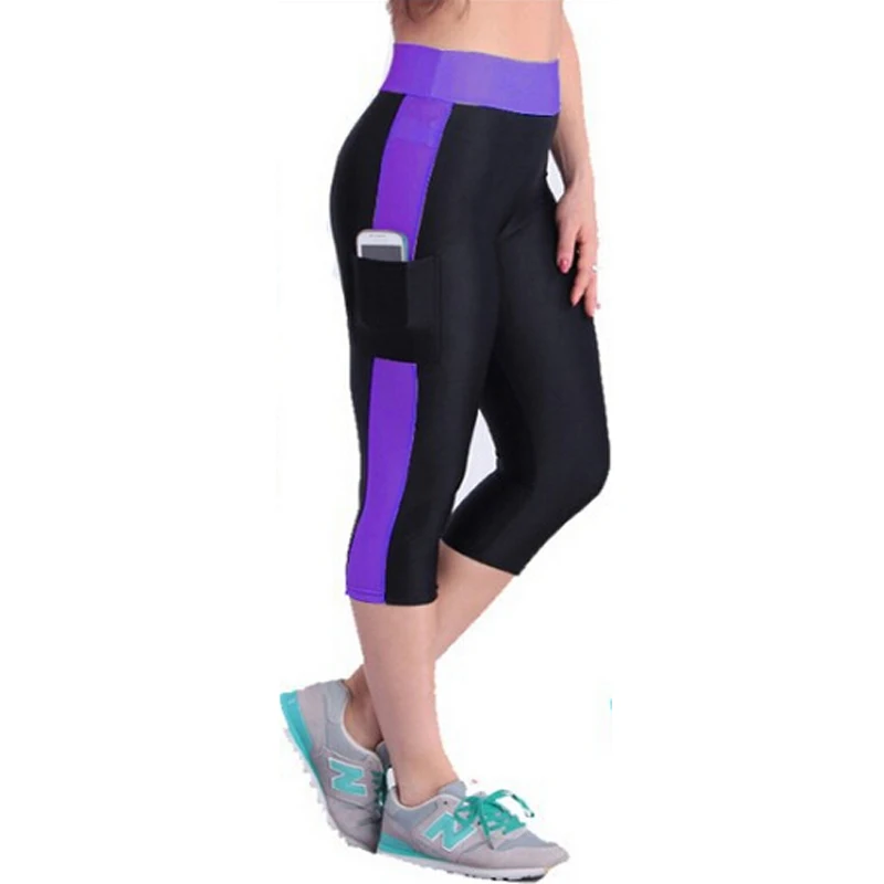 Sexy Women Striped Night Running Tights Capri Tights 3/4 Length Sports Capri Pants With Pocket High Waist Fitness Clothing