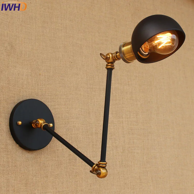 

Loft retro Black iron shade adjustable swing arm reading wall lamps Lights e27 e26 sconce for workroom bedroom bar cafe Hallway