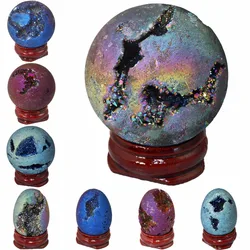 텀베이엘루와-티타늄 코팅 Druzy Geode Sphere, 크리스탈 쿼츠 마노 보석 스톤 에그/볼, 조각상 치유