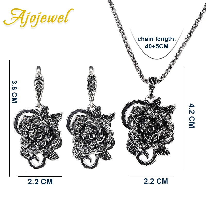 Ajojewel Black Crystal Rhinestone Rose Flower Jewelry Sets For Women Luxury Vintage Necklace Ring Earrings Set Creative Gift