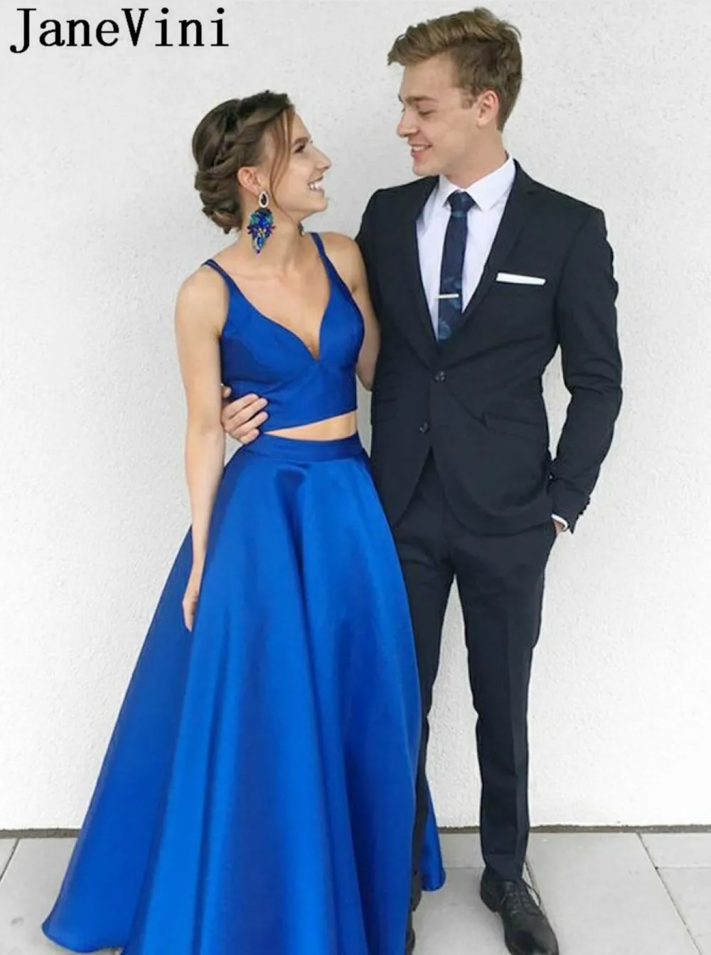 JaneVini Elegant Royal Blue Prom Dresses 2019 Satin 2 Two Pieces Women Gala Party Dress Juniors Homecoming Evening Formal Gowns