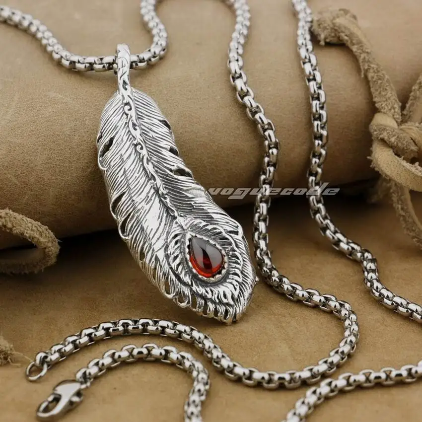 

LINSION 925 Sterling Silver Huge Feather Red CZ Stone Mens Biker Rock Punk Pendant 9J003