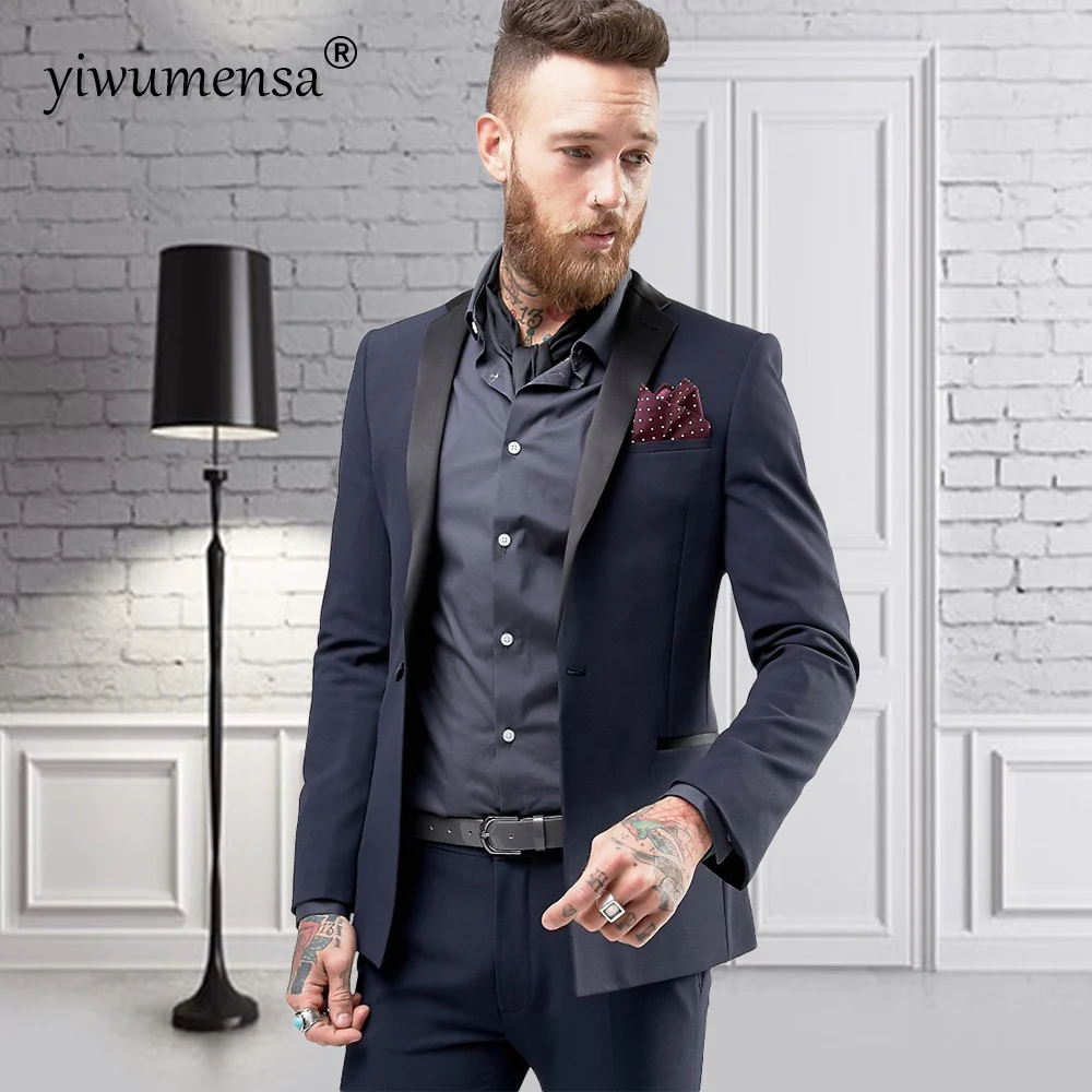 

Navy Blue Suits Men Slim Fit Black Peaked Lapel Blazer Tailor-Made 2 Pieces Formal Business Office Wear Jacket Pants Party Dress