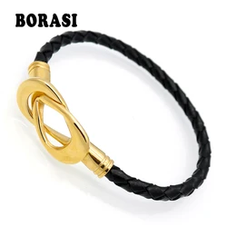 Fashion Cross Clasped Love Infinity Genuine Leather Bracelets Bangles Black Weave Braided Leather Jewelry Women Charm Bracelet